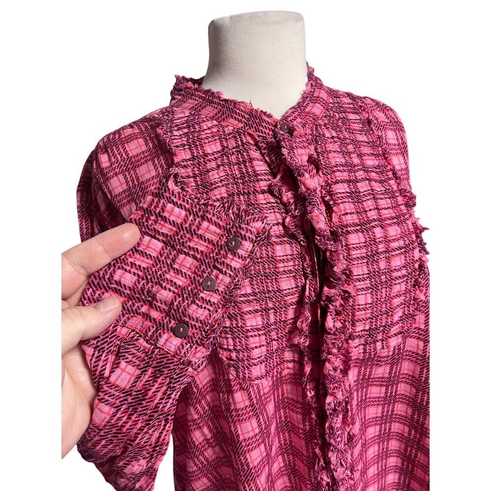 FREE PEOPLE ONE Women’s Boho Pink Plaid Mile’s Tuxedo Ruffle Front Top - Picture 4 of 6